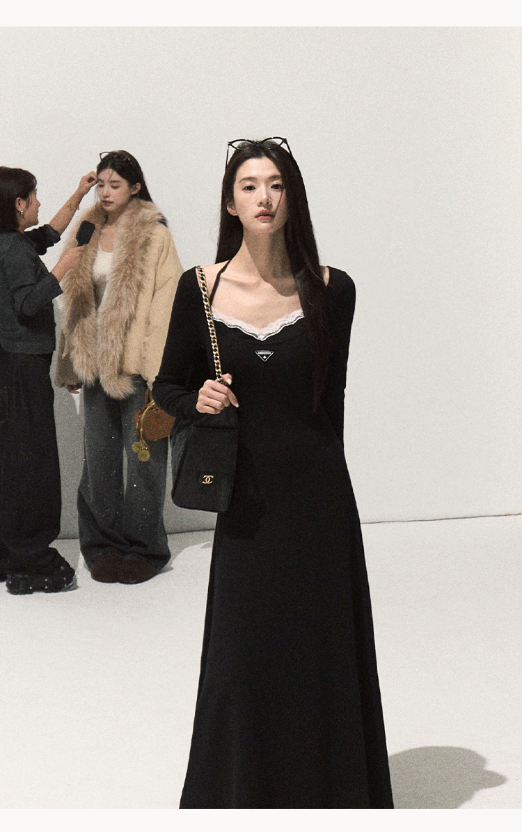 OAKMOO Black Two-piece Long Sleeve Faux Lace Halter Neck Waist Tie Dress, Autumn/Winter Long Dress with Waist Tie