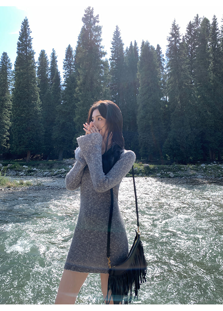 MULVAN MULVAN Women's Sexy V-Neck Sweater Dress, Fall/Winter, Slim Fit, Waistband, Bodycon Mini Skirt