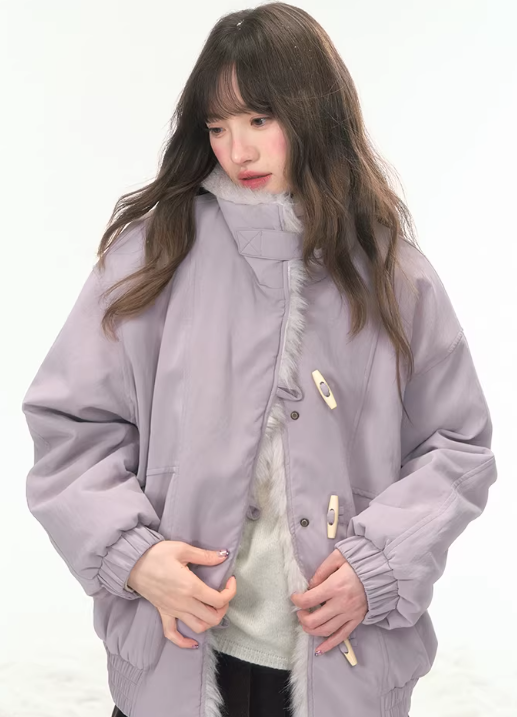 CANSTOREGIRLS Canned Goods 'Caramel Taro Milk Puff' stand-collar winter coat with horn buttons, made of cotton and PU leather, short style.