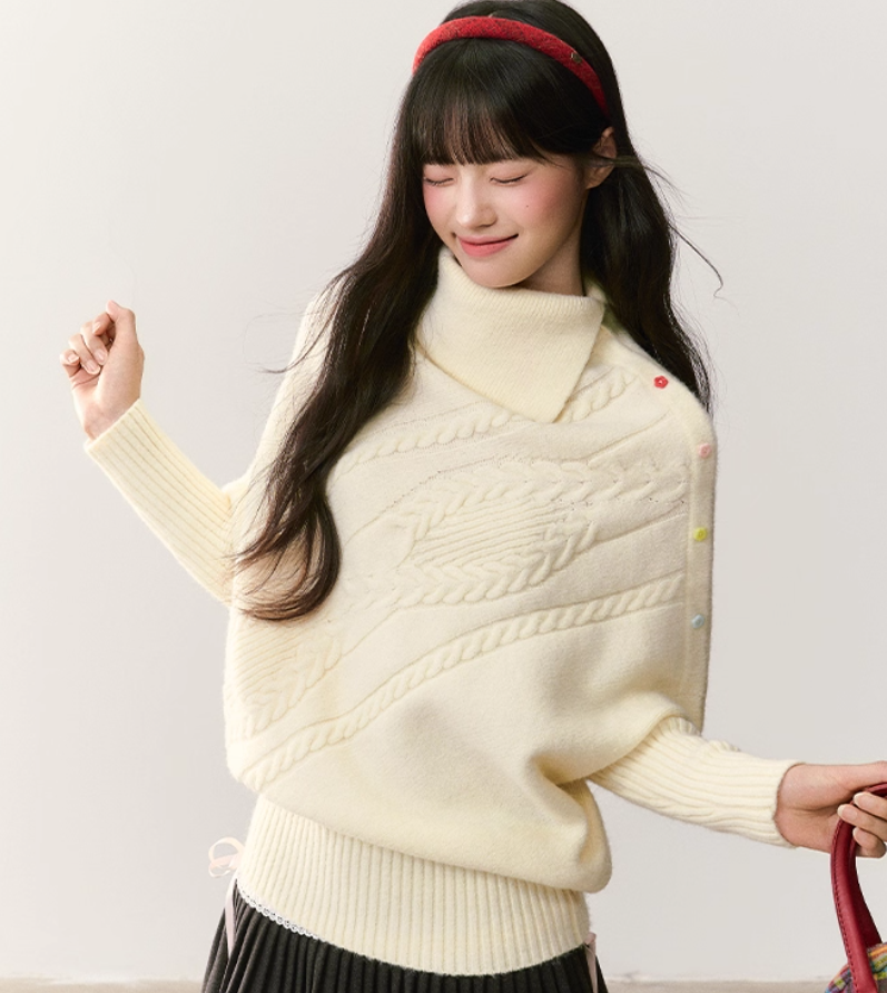 UMOUMO Loose fit ivory knit sweater with asymmetrical hem and collar, multicolor button-down cape sweater