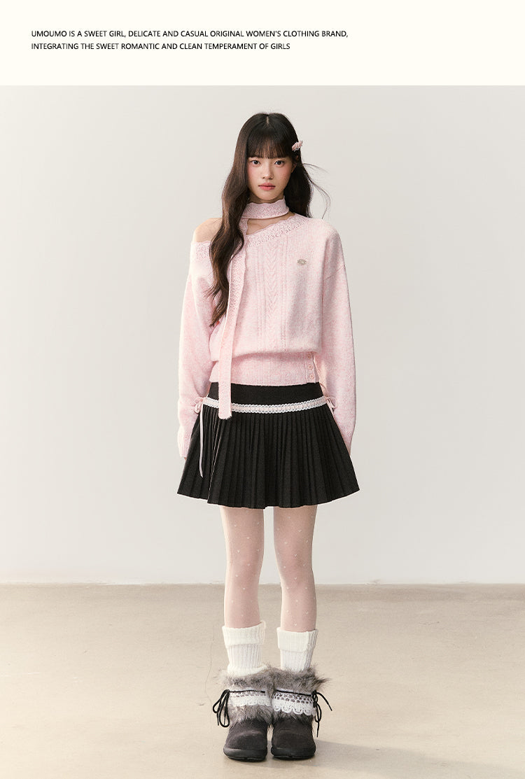 UMOUMO ハイウエストのマッシュルームプリーツミディスカート、レースとリボンのトリム、体型を美しく見せるAラインプリーツスカート