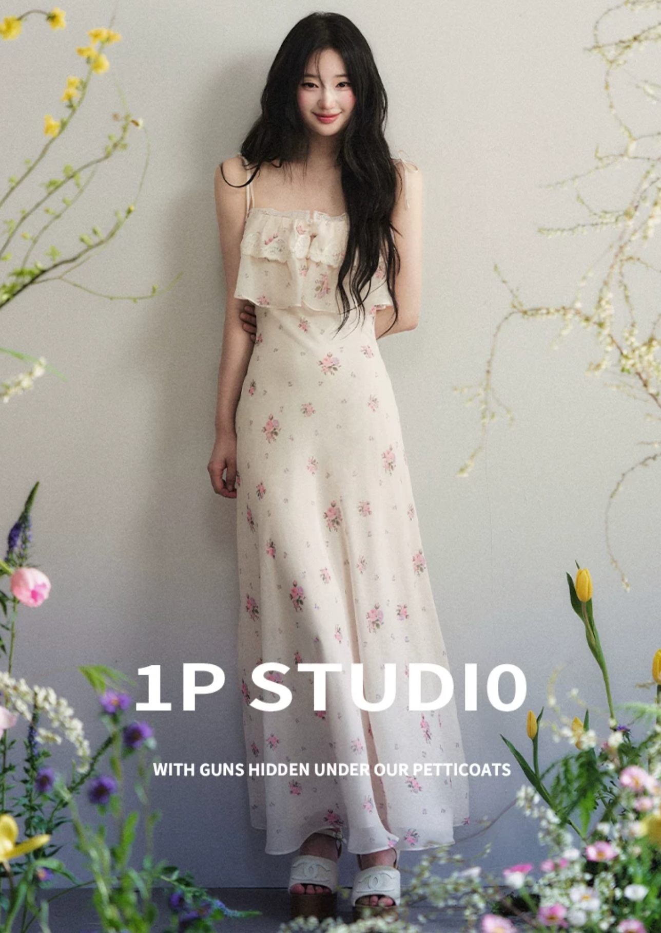 1PSTUDIO Women's apricot chiffon print maxi dress, sleeveless lace summer dress with exposed waist