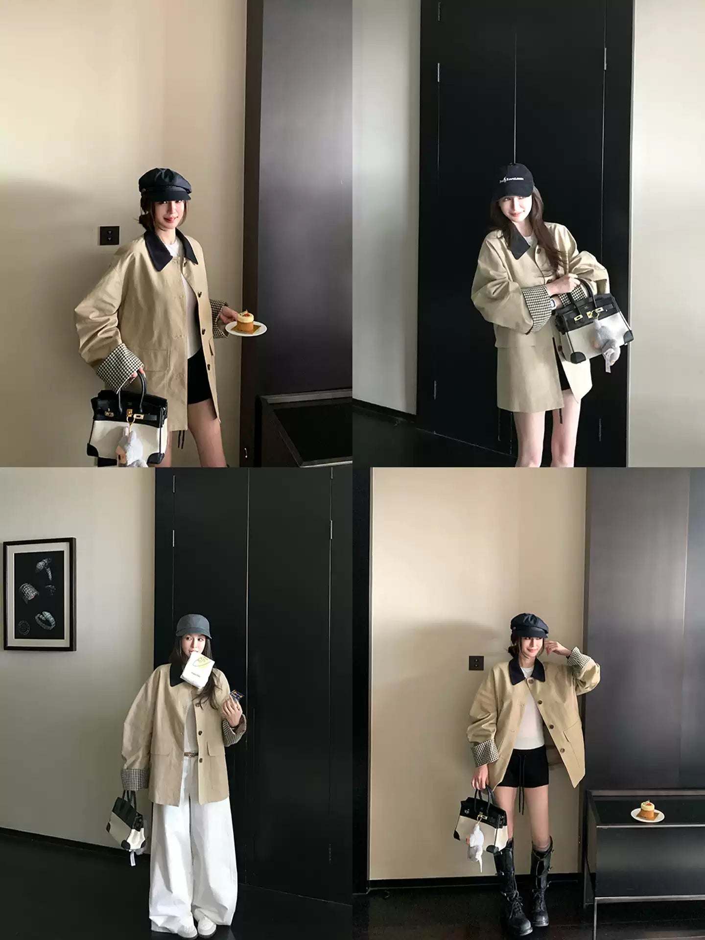 SKK High quality khaki jacket with multi-color plaid pattern, short and loose fit, autumn style for women.