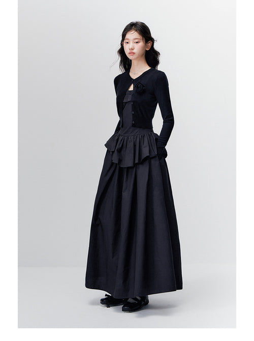 ANNATTO women's retro long-sleeved black rose pattern slim fit maxi dress
