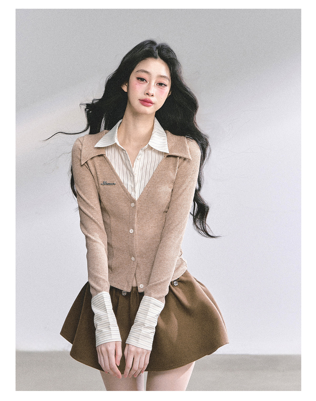 SHAOYEYAN Aomalm "Oak Poetry" Autumn Knitted Polo Shirt % Women's American Style Long Sleeve Striped Two-piece Fake Two-Piece T-shirt