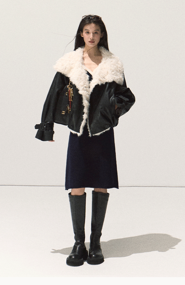 OAKMOO "One Night Osmanthus Tree" Women's Soft Fleece Short Leather Jacket Thick Lapel Winter