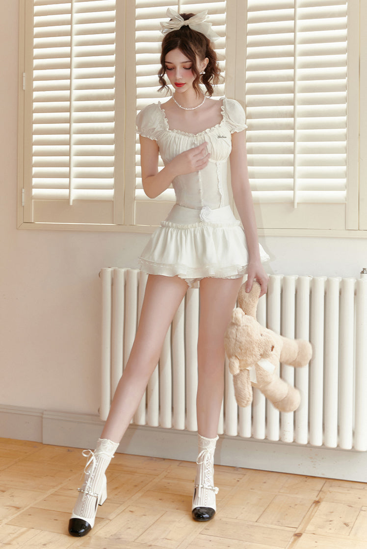 "Wind Chimes Waiting for You After Class" - A-line dress and skirt set with puff sleeves and lace, perfect for summer student style.