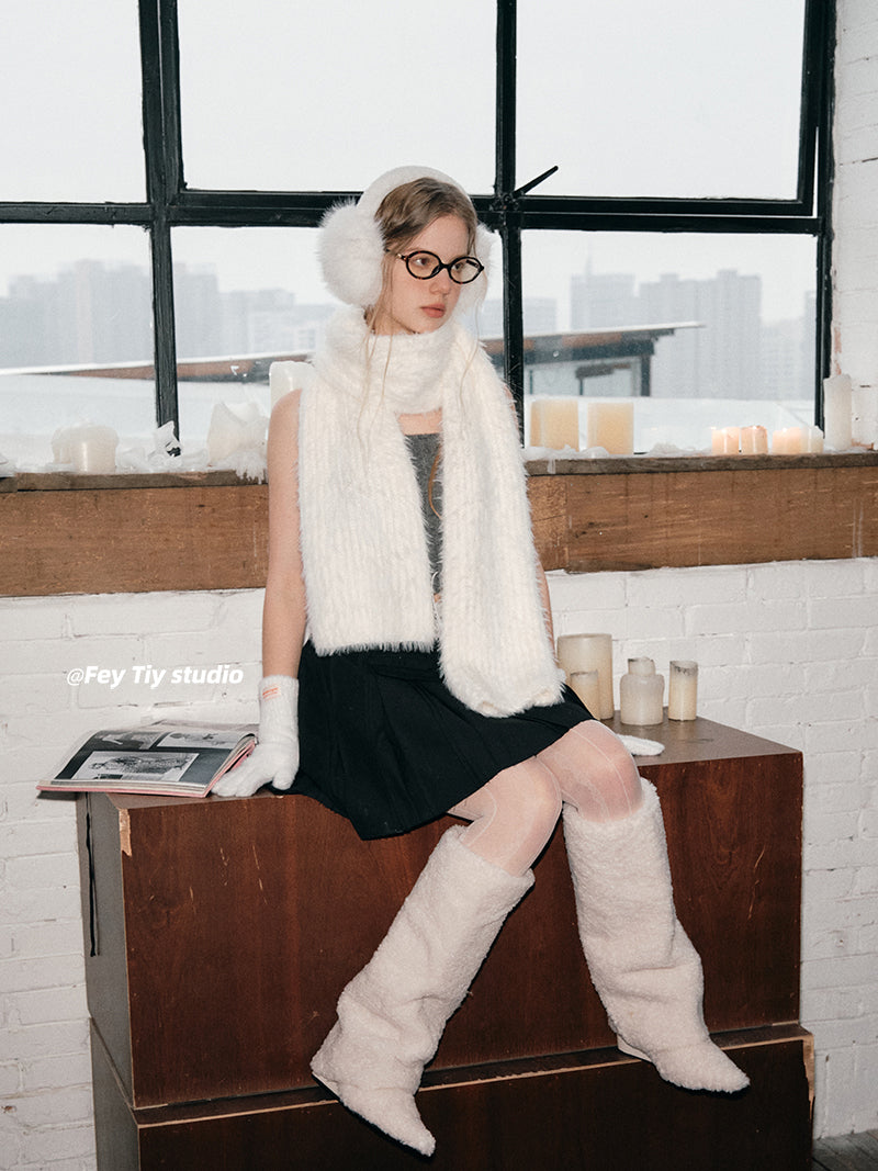 FEITIY Set Snowman Style Long Fur Scarf, Earmuffs, Gloves Gift for Women, Autumn/Winter