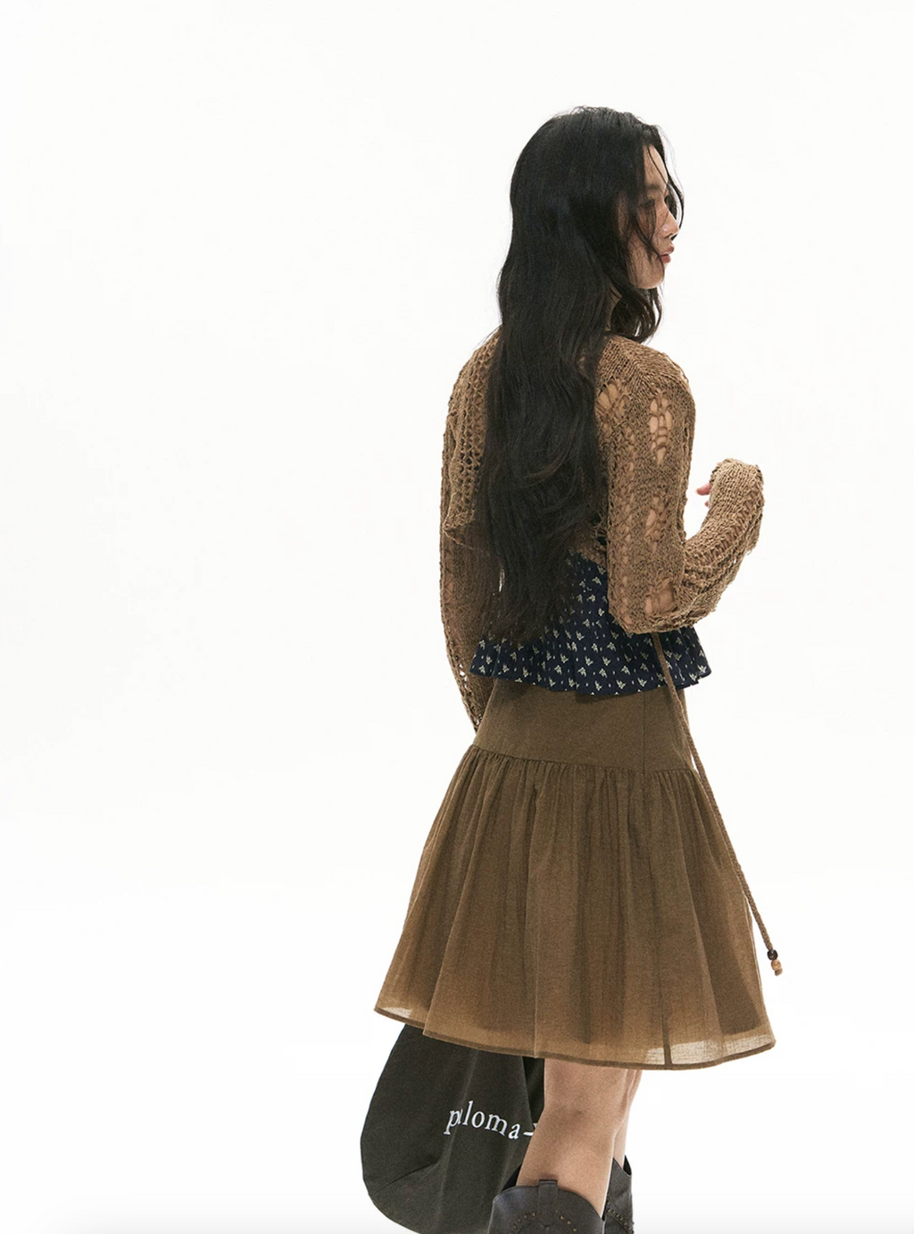 Soolrok Songweiyun midi skirt in one or two colors, elegant, versatile, floral/brown pattern, flattering