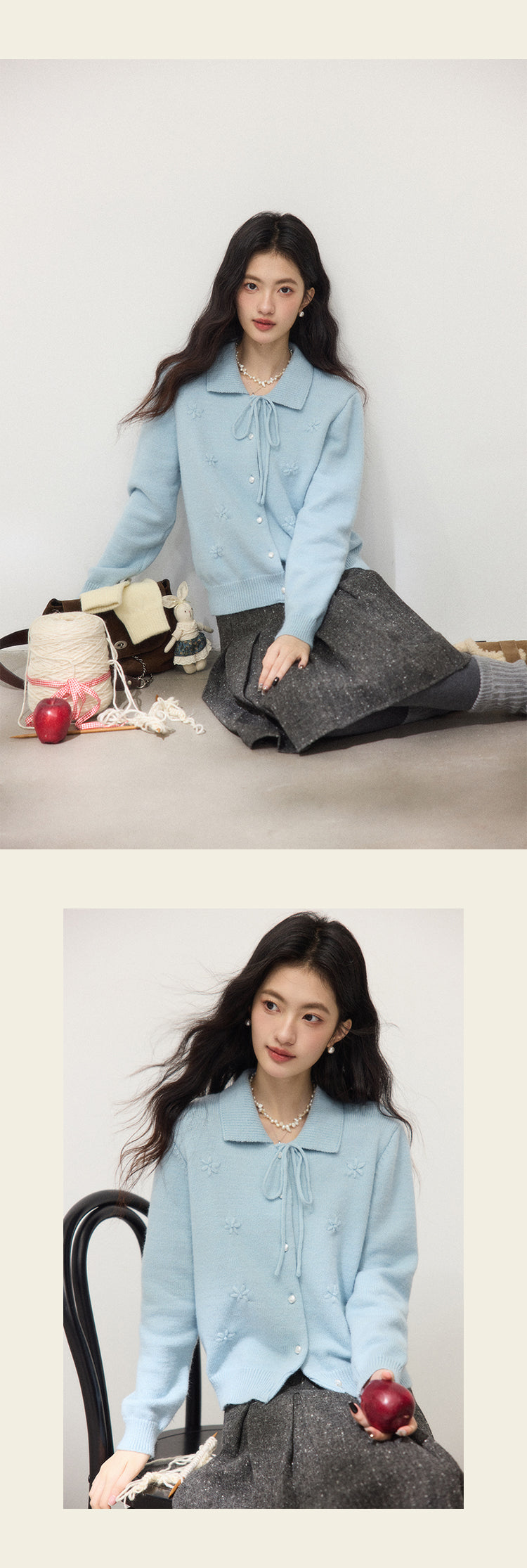 ORWHITE Women's winter knitted wool coat with bow decoration French collar