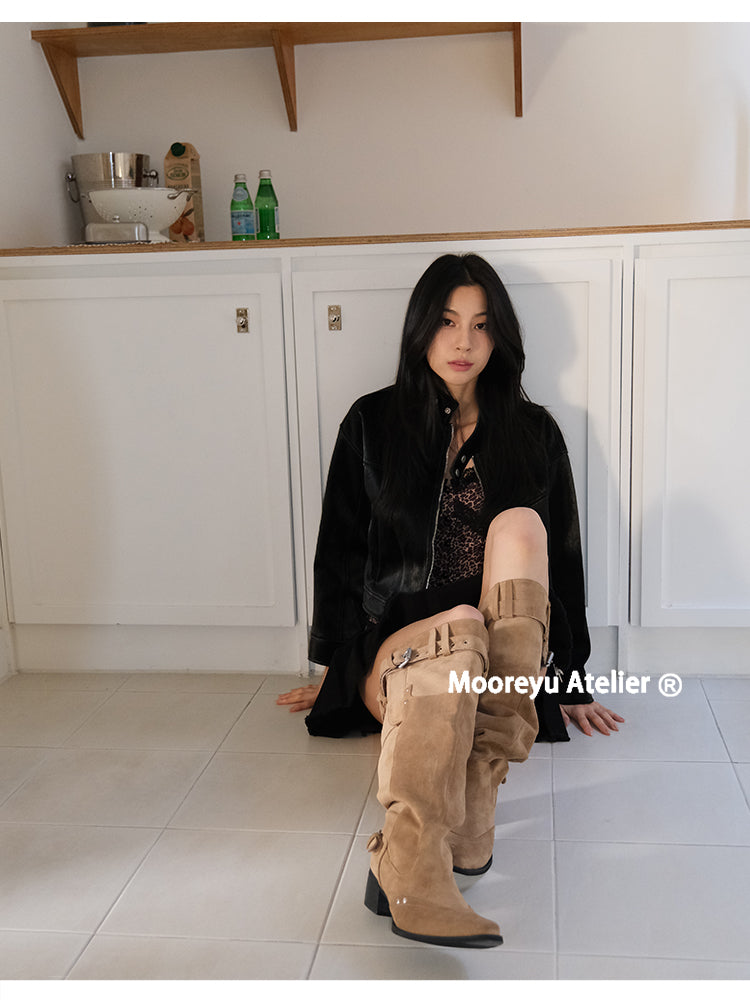 MOOREYU Women's knee high boots autumn winter 2025 women's khaki suede pointed toe boots thick heel thin pleated boots