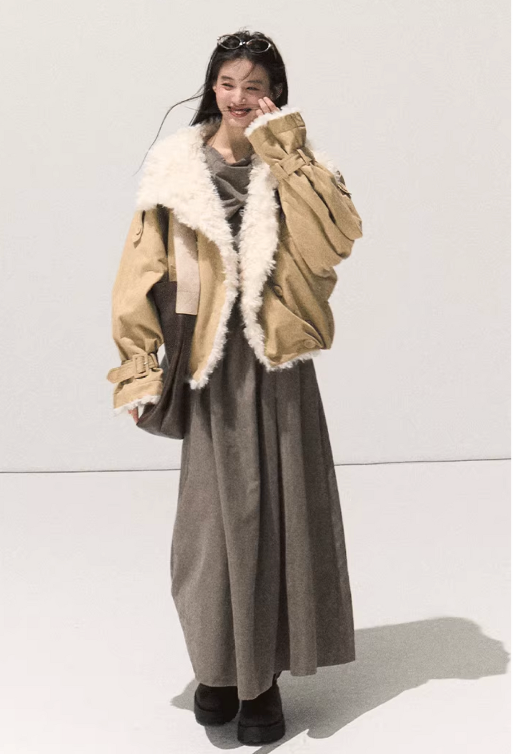 OAKMOO OAKMOO Short Fleece Leather Jacket / "A Night Under the Osmanthus Tree" for Women, Thick Lapel Collar Parka for Winter