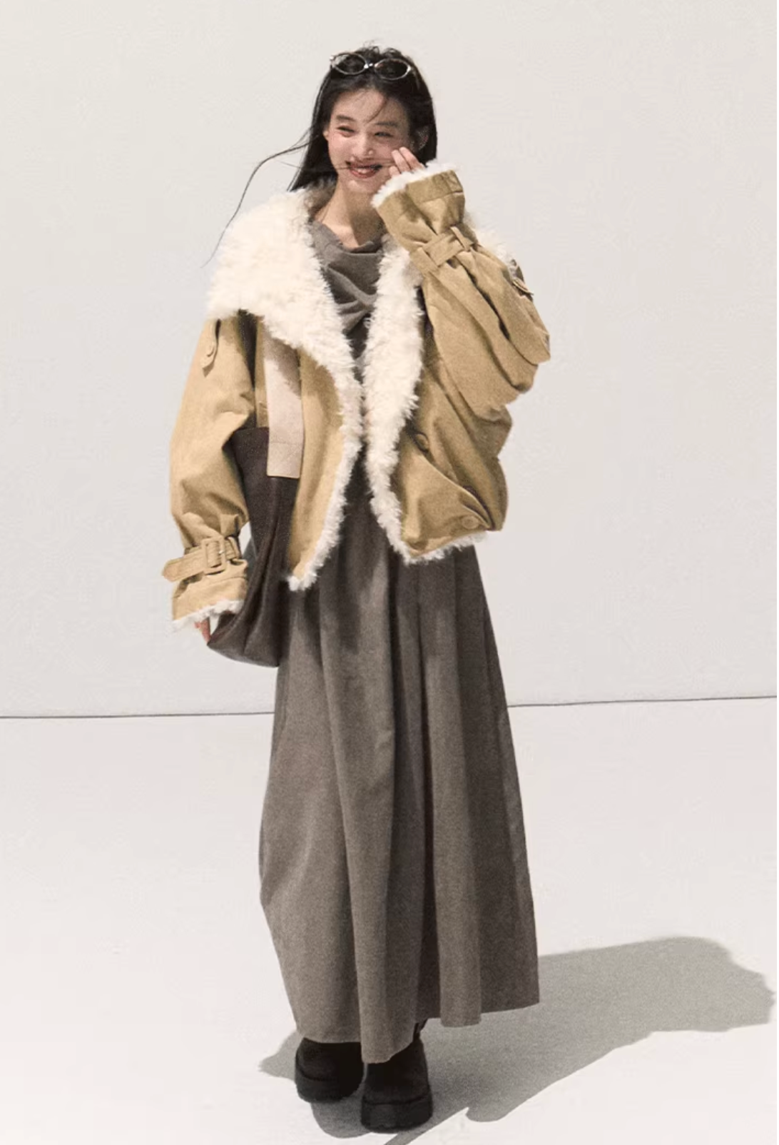 OAKMOO OAKMOO Short Fleece Leather Jacket / "A Night Under the Osmanthus Tree" for Women, Thick Lapel Collar Parka for Winter