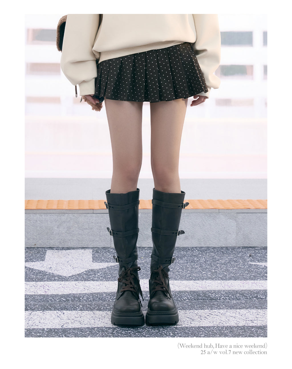 WEEKENDHUB Korean style polka dot pleated skirt contrast back 2025 new autumn small size women's super short skirt