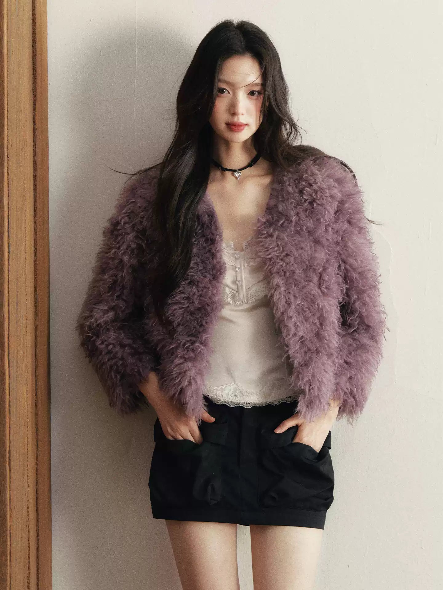 1PSTUDIO Women's Purple V-neck Faux Fur Coat, Warm Eco-Friendly Winter Short Fur Coat