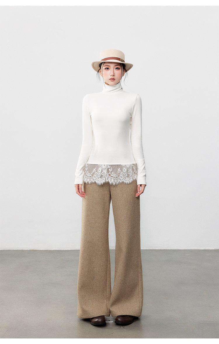 New fashion classic style woolen coat and lace turtleneck autumn and winter t-shirt set, high-end waist-hugging fit for women Yuzhi