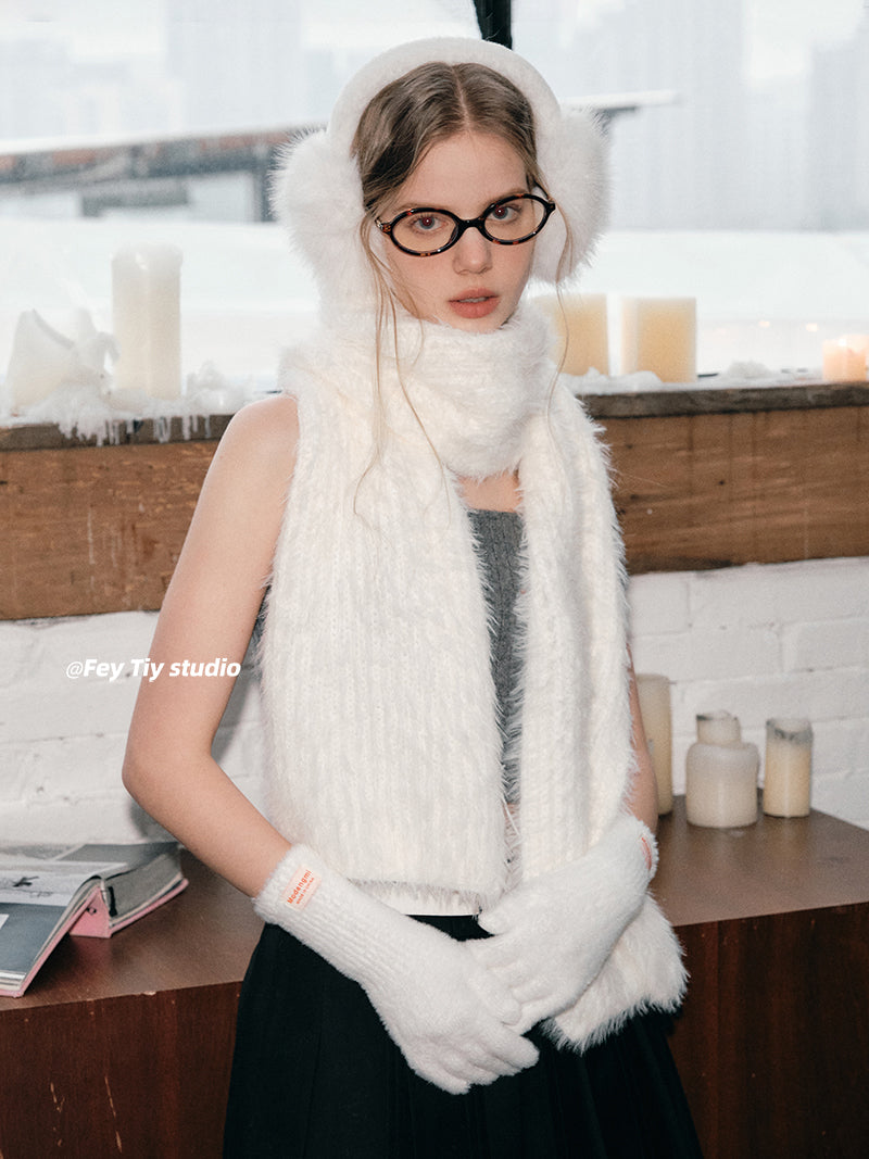 FEITIY Set Snowman Style Long Fur Scarf, Earmuffs, Gloves Gift for Women, Autumn/Winter