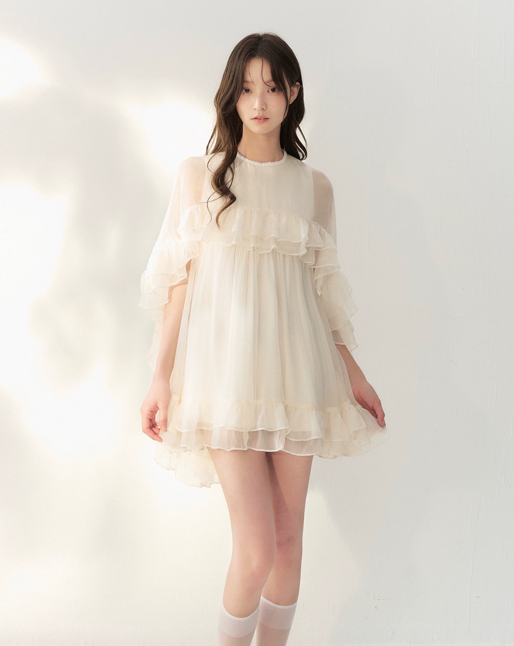RECIT Classic French sleek beige dress with cape, layers of lace and beads, A-line silhouette.