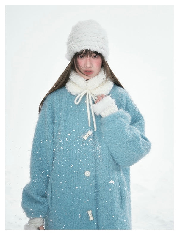 CANSTOREGIRLS Women's coat Canned Goods Store 2025 winter new style color block medium length fur collar blue quilted wool
