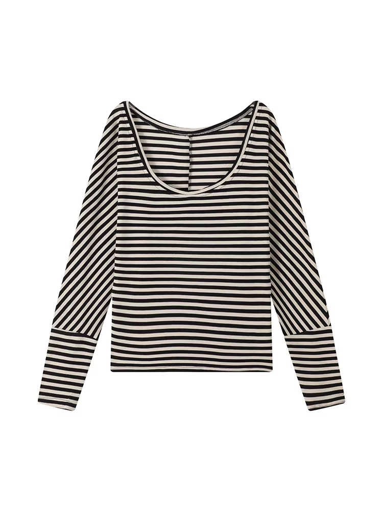 THEROUS Women's Xie Burou striped U-neck cardigan, spring style, comfortable, loose, casual, versatile.