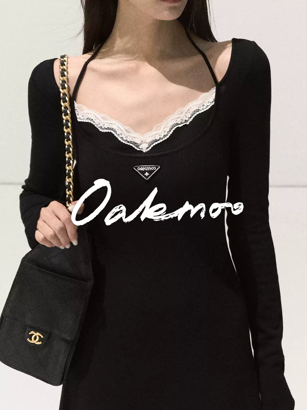 OAKMOO Black Two-piece Long Sleeve Faux Lace Halter Neck Waist Tie Dress, Autumn/Winter Long Dress with Waist Tie