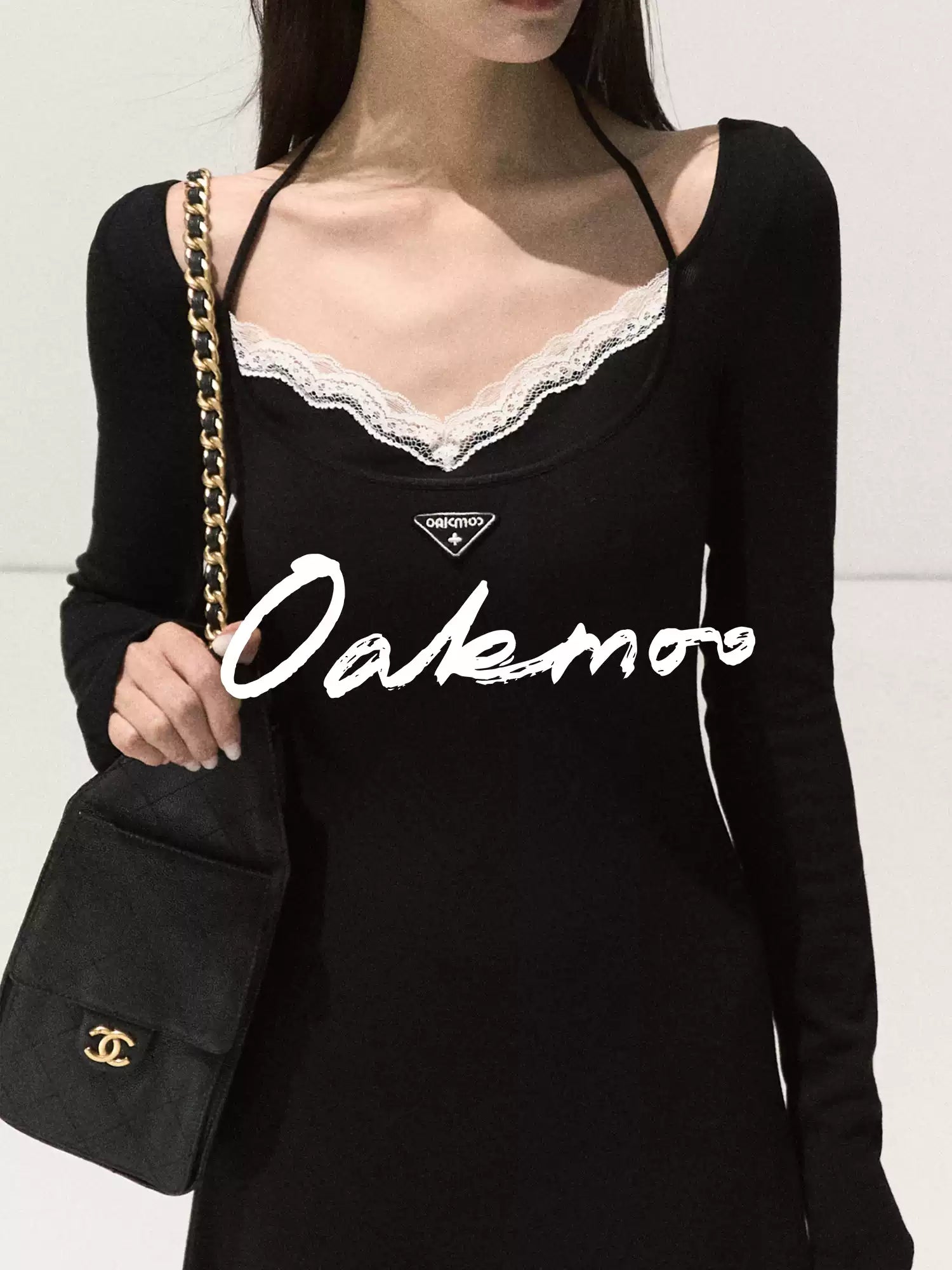 OAKMOO Black Two-piece Long Sleeve Faux Lace Halter Neck Waist Tie Dress, Autumn/Winter Long Dress with Waist Tie