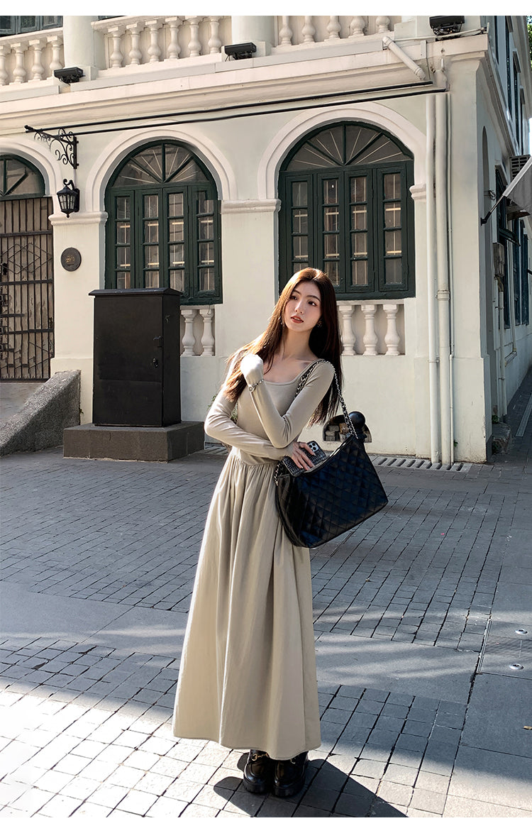 Mulvan High Quality French Style Women's Square Neck Long Sleeve Knit Dress