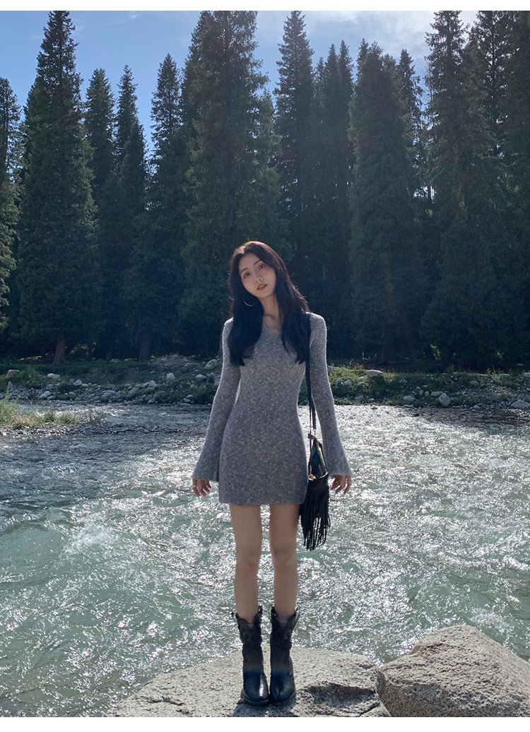 MULVAN MULVAN Women's Sexy V-Neck Sweater Dress, Fall/Winter, Slim Fit, Waistband, Bodycon Mini Skirt