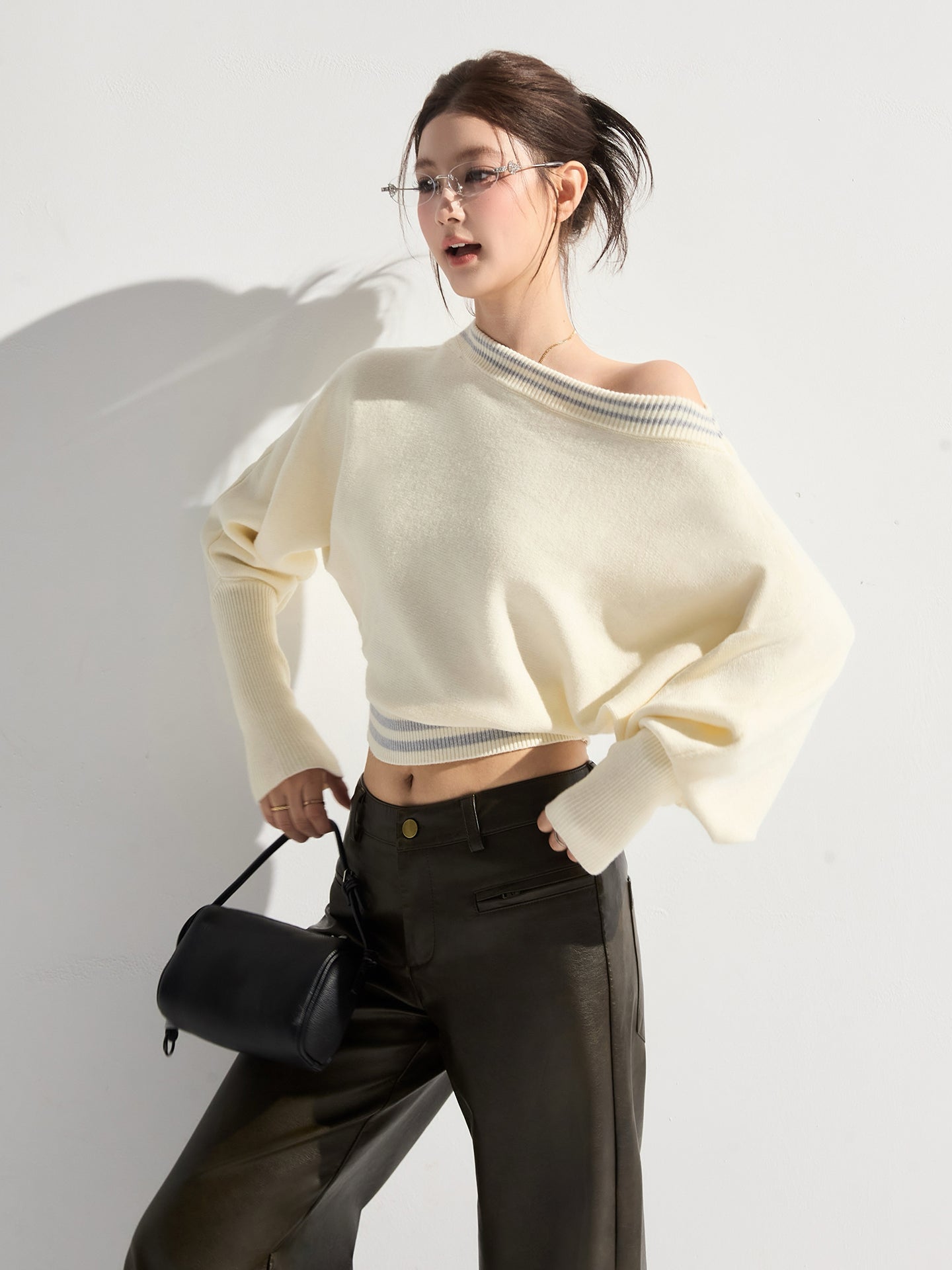 Therous new autumn women's soft and short off-the-shoulder casual multi-purpose striped sweater