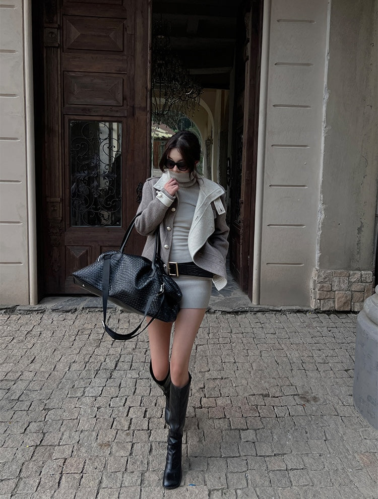 Hytemoly wool blend double-sided contrast wool coat classic loose fit, loose and airy short woolen tweed coat