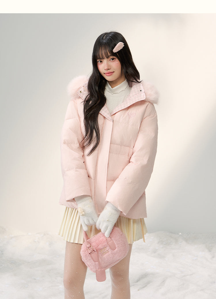 UMOUMO [90% White Duck Down] Mushroom Sweet Waist Slimming Two-Way Placowork Patchwork Down Jacket with Hood and Detachable Fur Collar