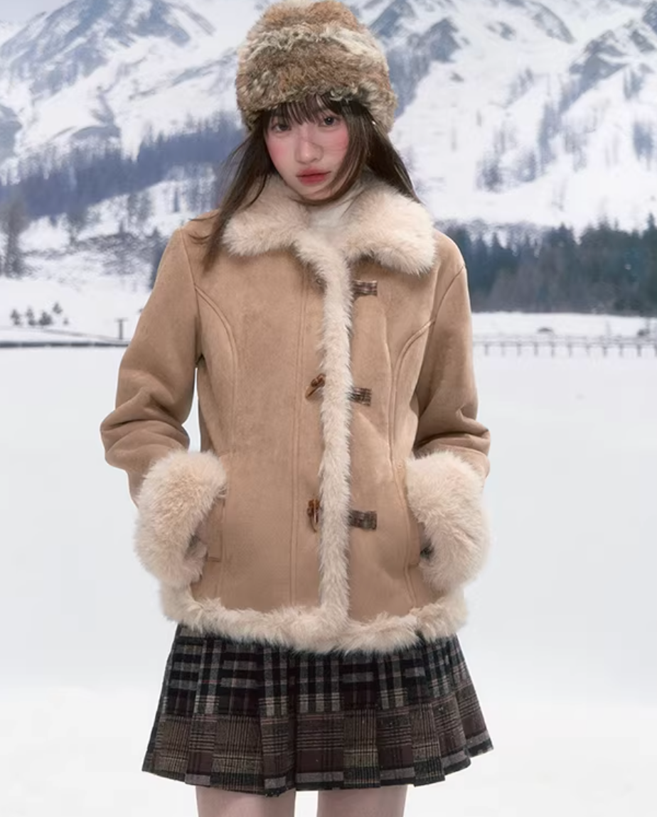 CANSTOREGIRLS New retro winter coat "Pine Cones and Snow" for women from Canned Goods Store, soft fleece short jacket.