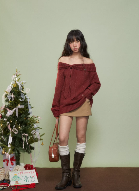 WEEKENDHUB Red Off-Shoulder Sweater for Women, New Autumn/Winter 2024 Style, Comfortable, Premium Sweater for Christmas.