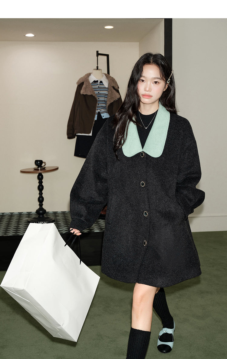 KOUSE Women's 2025 New Autumn Winter Classic Medium-Long Woolen Coat Black and Gray