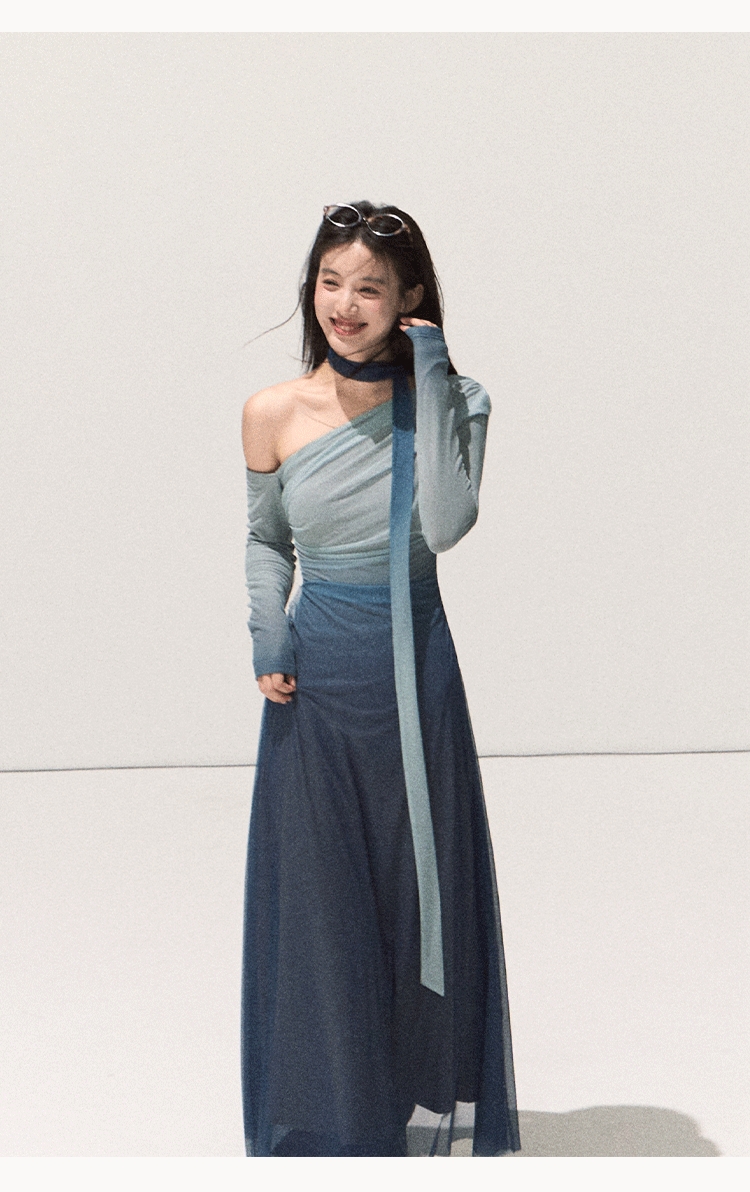 "Plant Aura" Oakmoo Gradient Stretch Off-the-Shoulder Long Sleeve Bodycon Dress