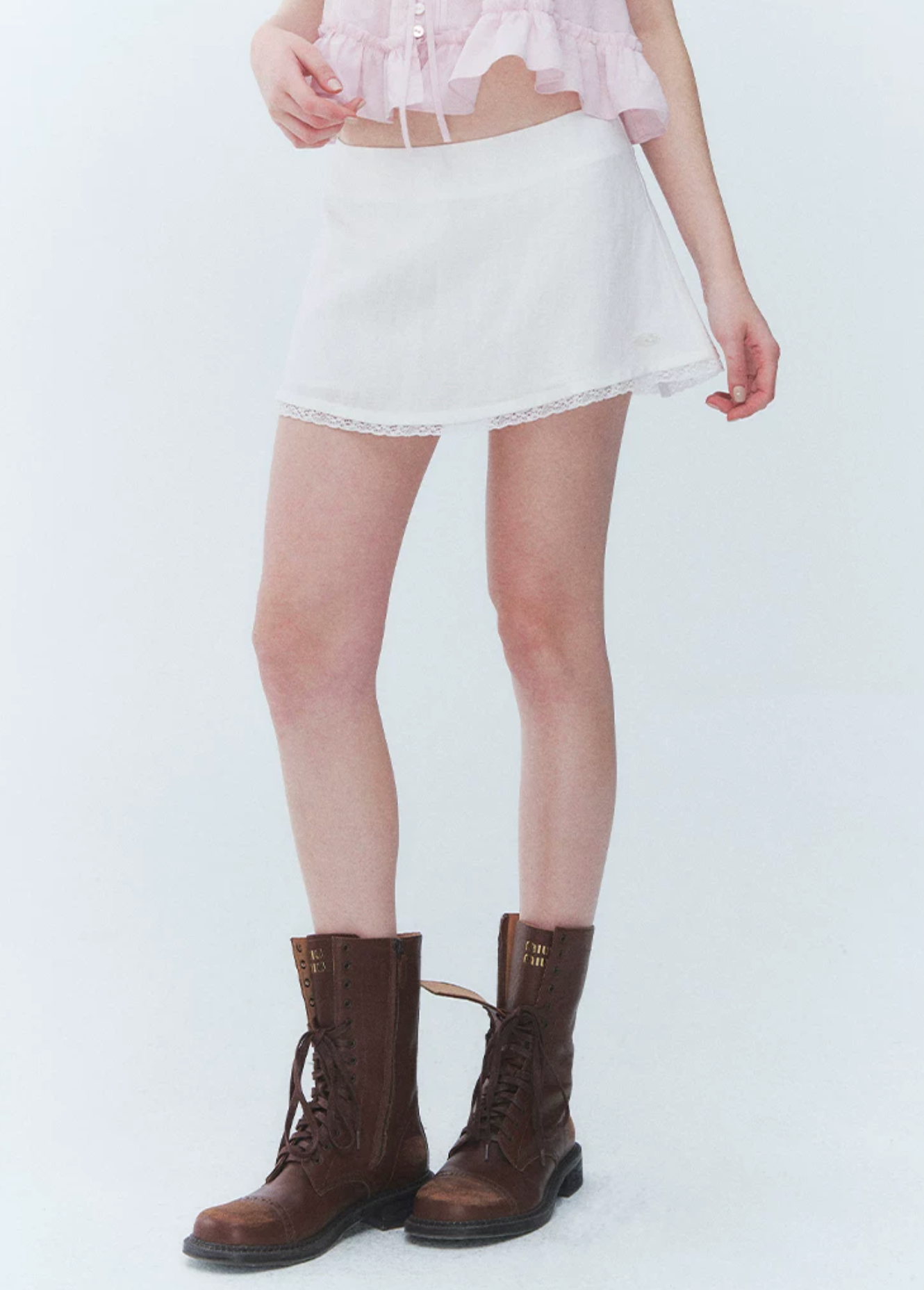 LaluneDuCiel White loose skirt with floral patterns, lace trim, Korean style, versatile, suitable for everyday wear