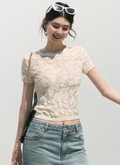 OAKMOO / "Two Summers" Bohemian organza jacquard short-sleeve knitted t-shirt with hollow out top
