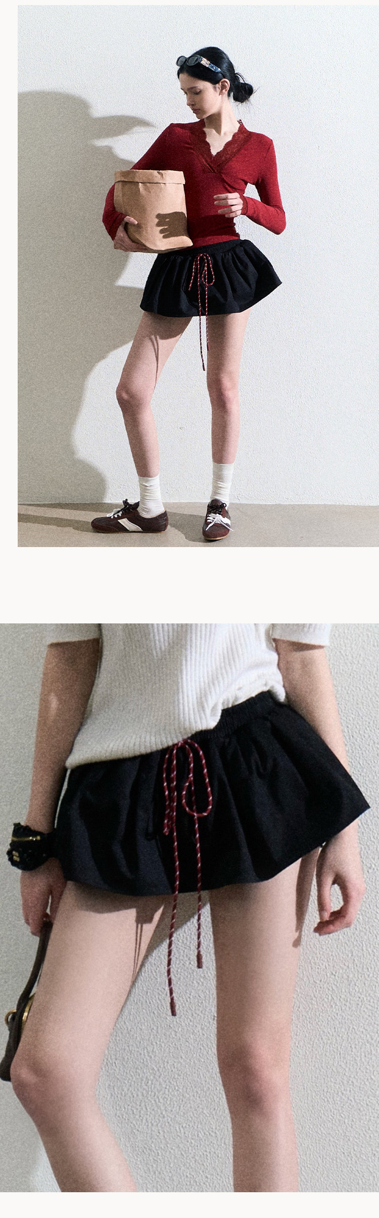 OAKMOO Multicolored stretchy mini skirt, drawstring, tulip skirt shape, "Lemon scent" skirt shape, helps slim and lengthen the legs