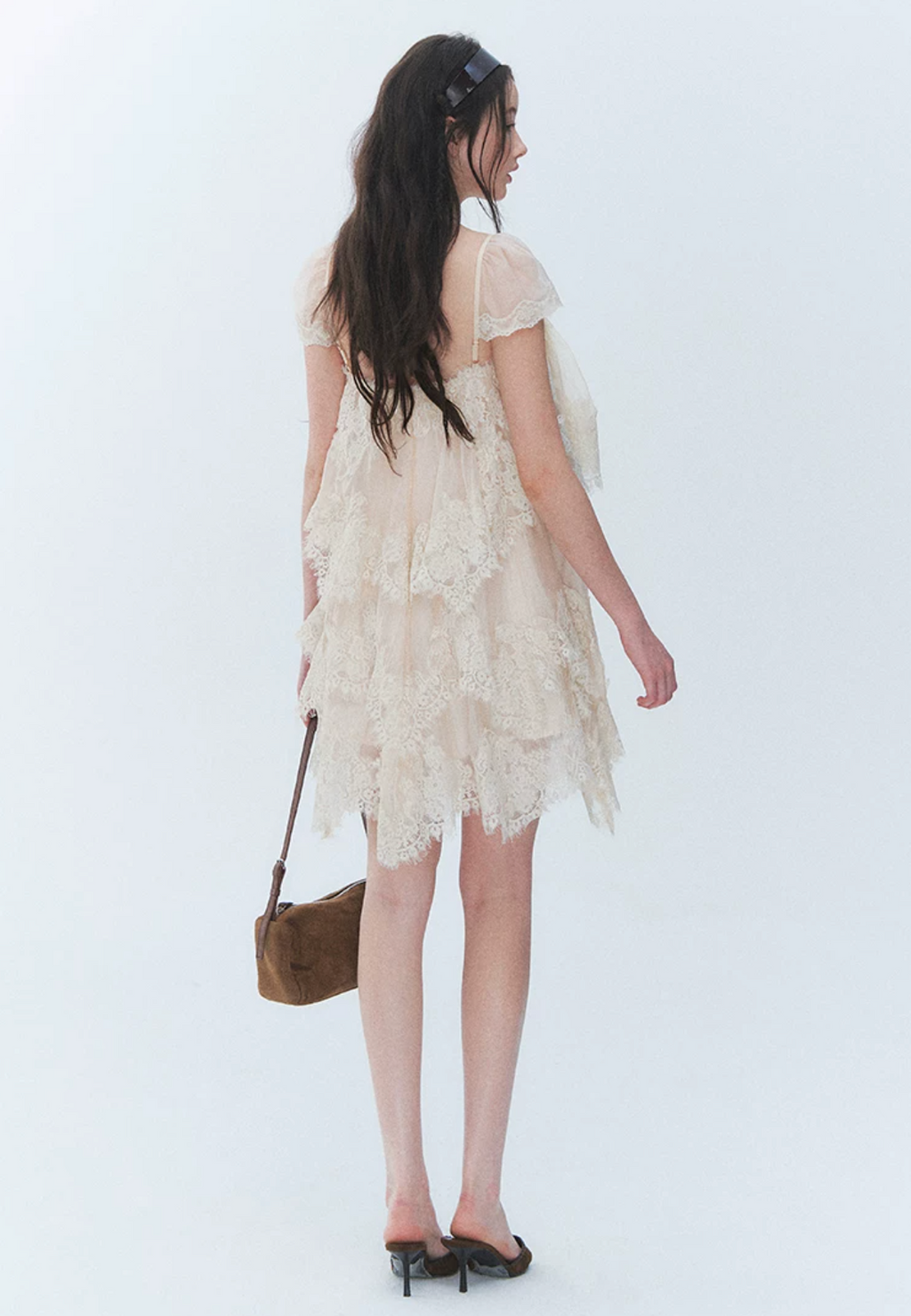 LaluneDuCiel Square neck flared lace dress, thick material, retro style, suitable for beach vacations.
