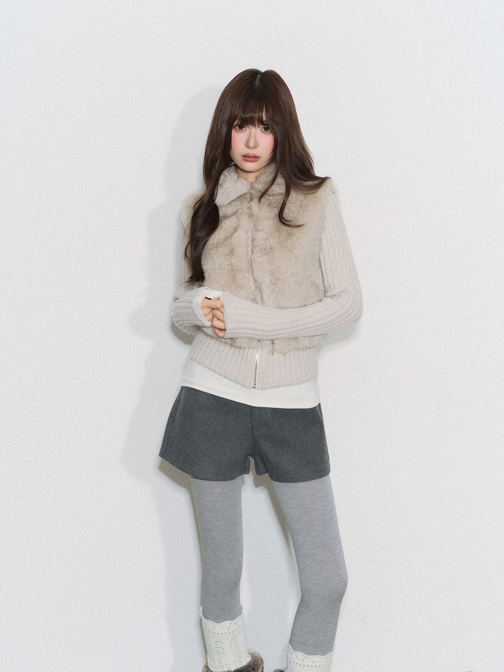 CYNI 【Caramel Afternoon】Millard Retro Plush Patchwork Short Two-Piece Faux Fur Coat for Women