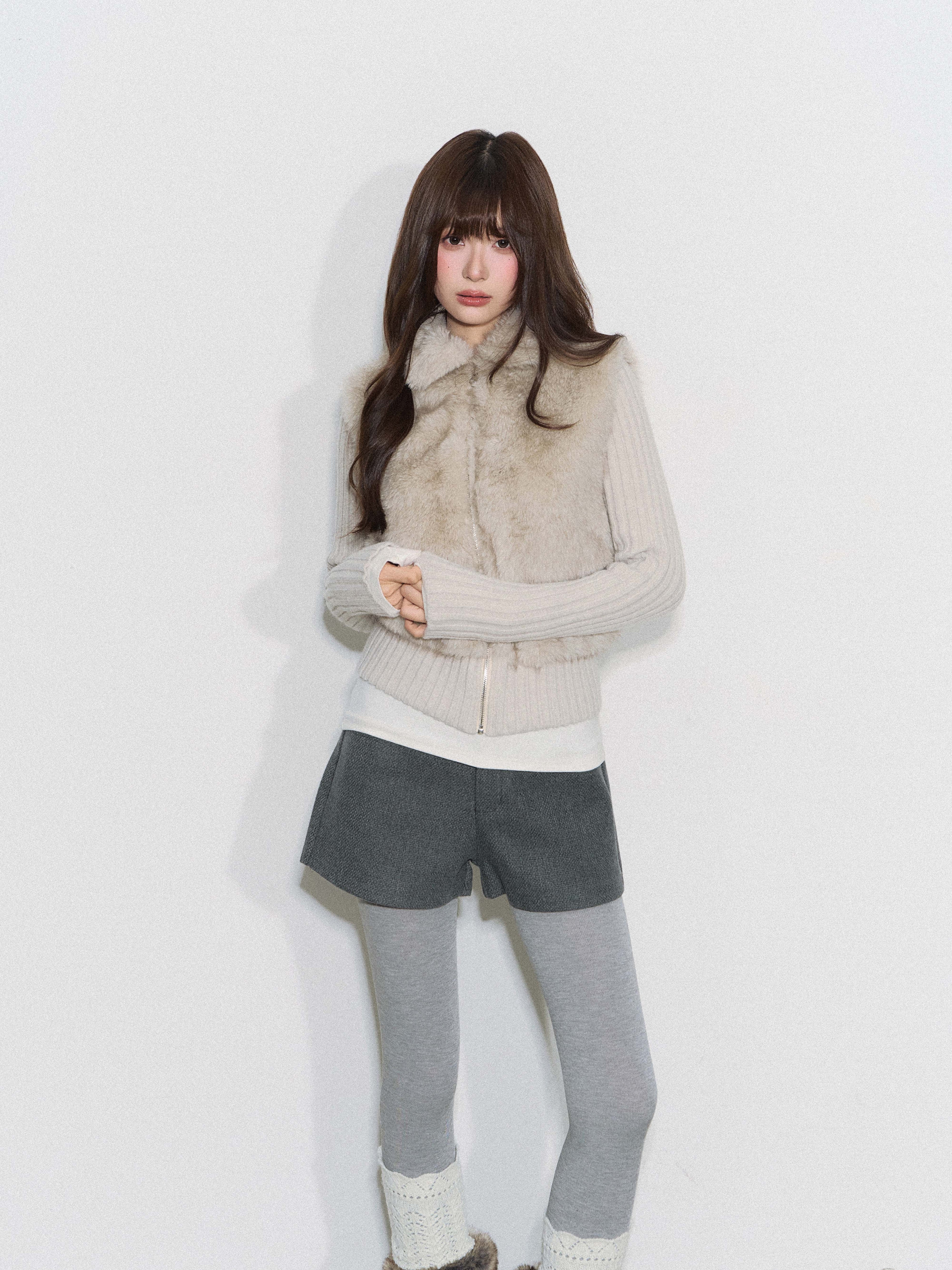 CYNI 【Caramel Afternoon】Millard Retro Plush Patchwork Short Two-Piece Faux Fur Coat for Women