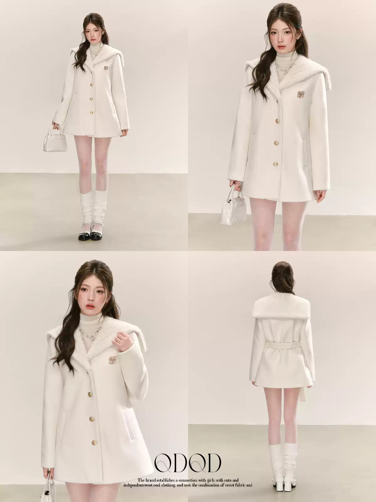 QDQD Mid-length A-line wool coat, sailor collar, padded lining and belted waist, perfect for fall and winter.