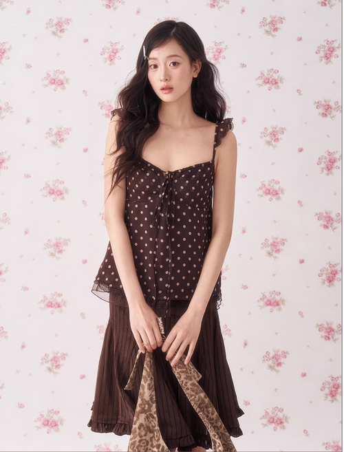 CHAOSCHAO Soft, sexy silk summer blouse with leopard print and polka dots, puff sleeves, retro resort style by