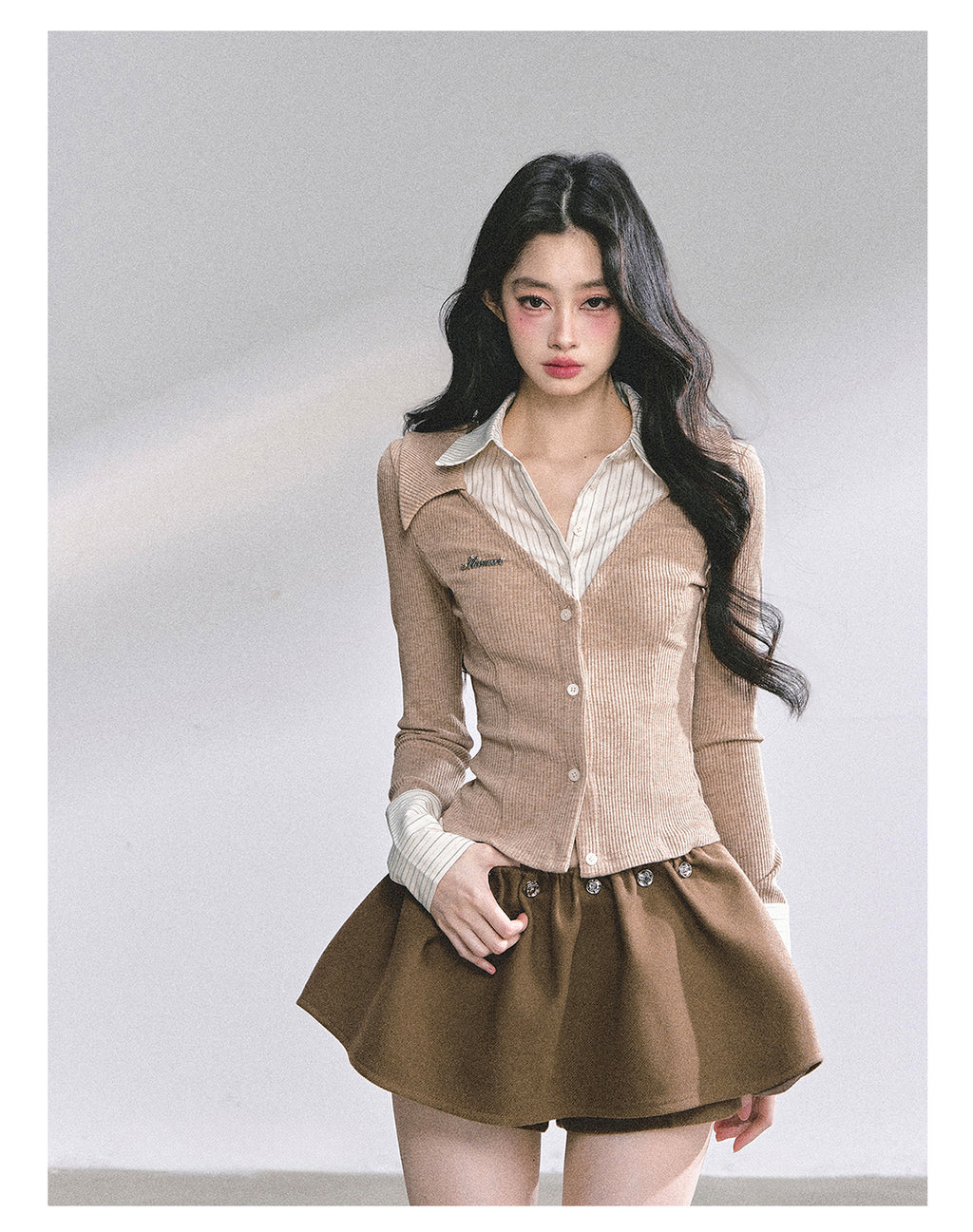 SHAOYEYAN Aomalm "Oak Poetry" Autumn Knitted Polo Shirt % Women's American Style Long Sleeve Striped Two-piece Fake Two-Piece T-shirt