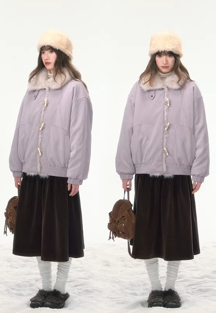 CANSTOREGIRLS Canned Goods 'Caramel Taro Milk Puff' stand-collar winter coat with horn buttons, made of cotton and PU leather, short style.