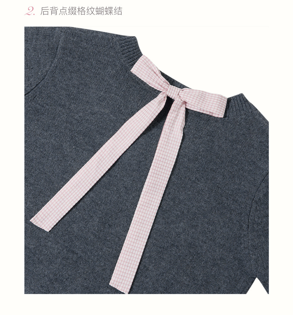 kroche 25AW two piece grey wool blend patchwork v neck sweater with bow