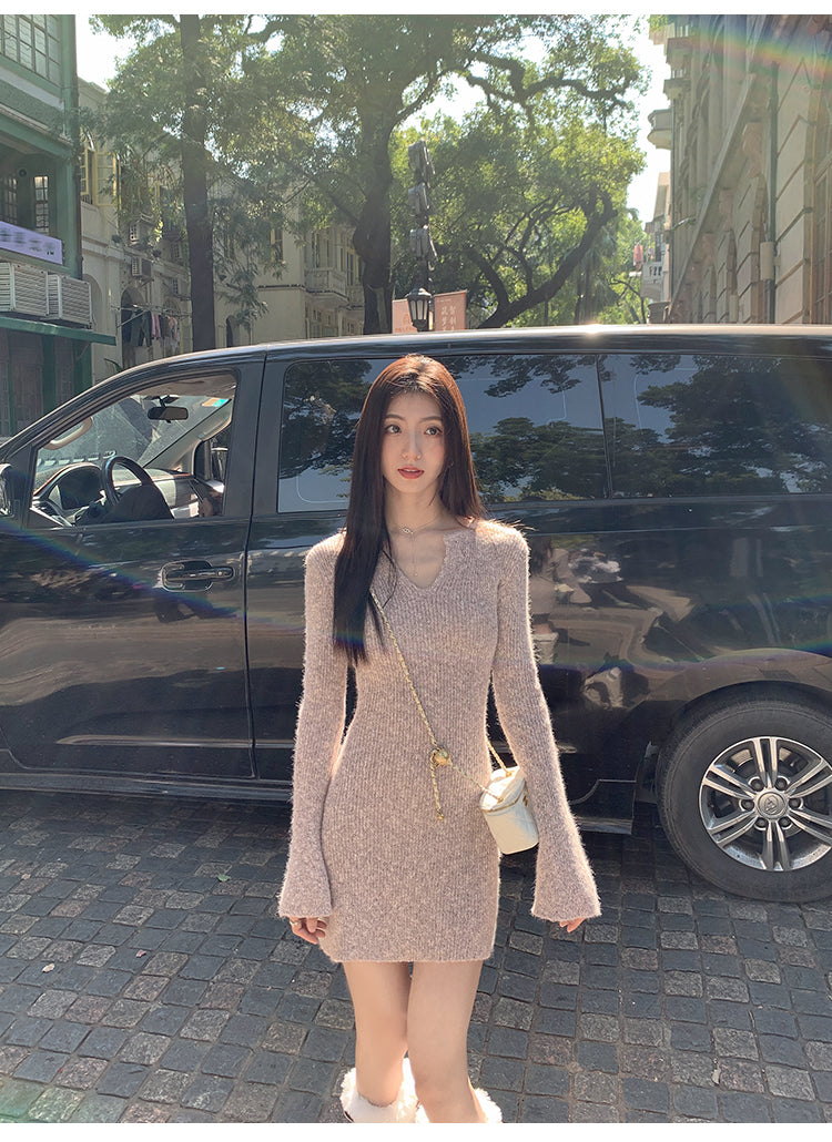 MULVAN MULVAN Women's Sexy V-Neck Sweater Dress, Fall/Winter, Slim Fit, Waistband, Bodycon Mini Skirt