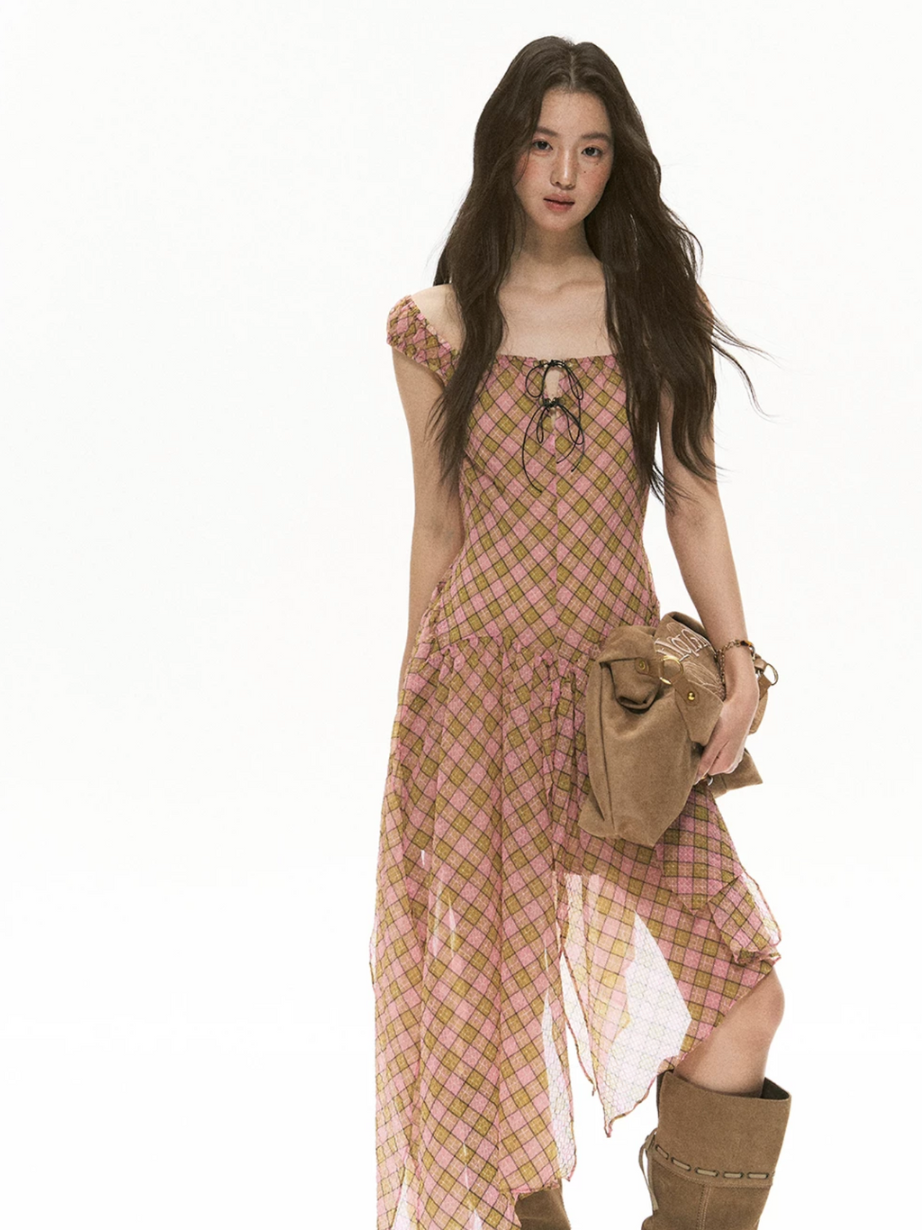 SOOLROK Puffy chiffon dress with checkered pattern and bow tie with two irregular straps