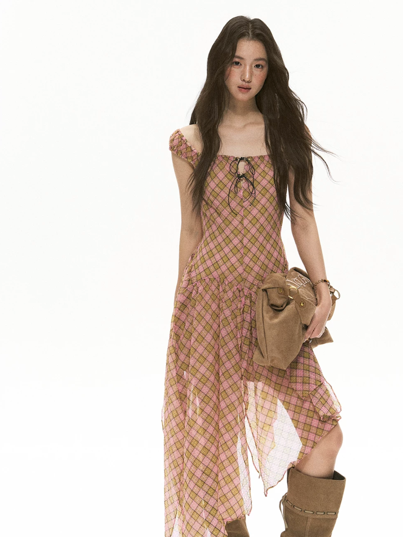 SOOLROK Puffy chiffon dress with checkered pattern and bow tie with two irregular straps