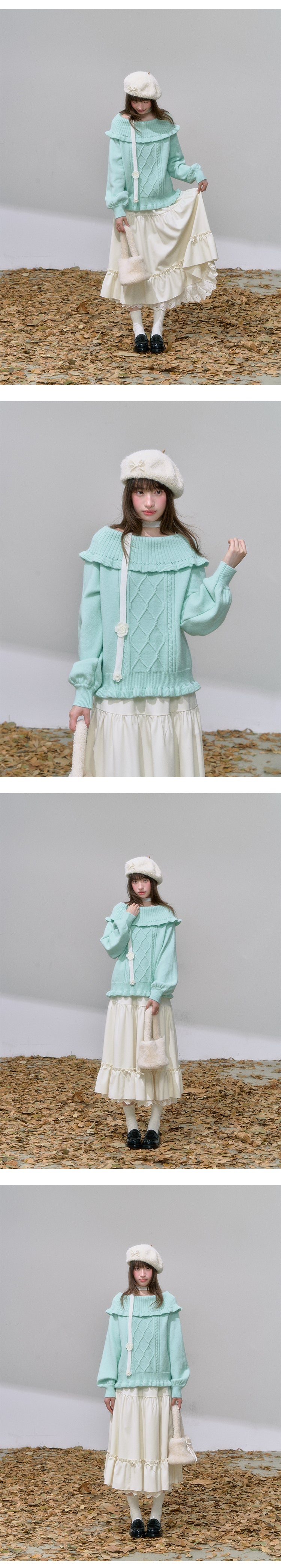 CANSTOREGIRLS Canned Goods Store Women's Mint Green Winter Off-the-Shoulder Rope Knit 'Mint Cloud Poem'